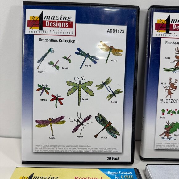 4 Embroidery Design CD Dragonflies Roosters Fairies Reindeer - Picture 2 of 9